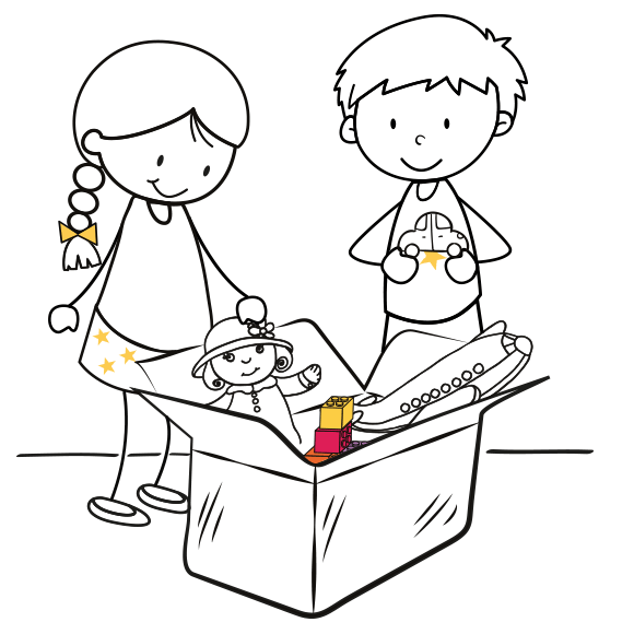 illustration enfants et carton de jouets
